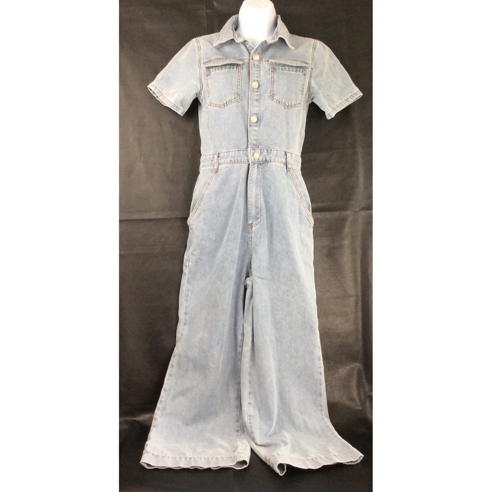 Lulus Womens Light Wash Denim Short Sleeve Wide Leg Utility Jumpsuit XS